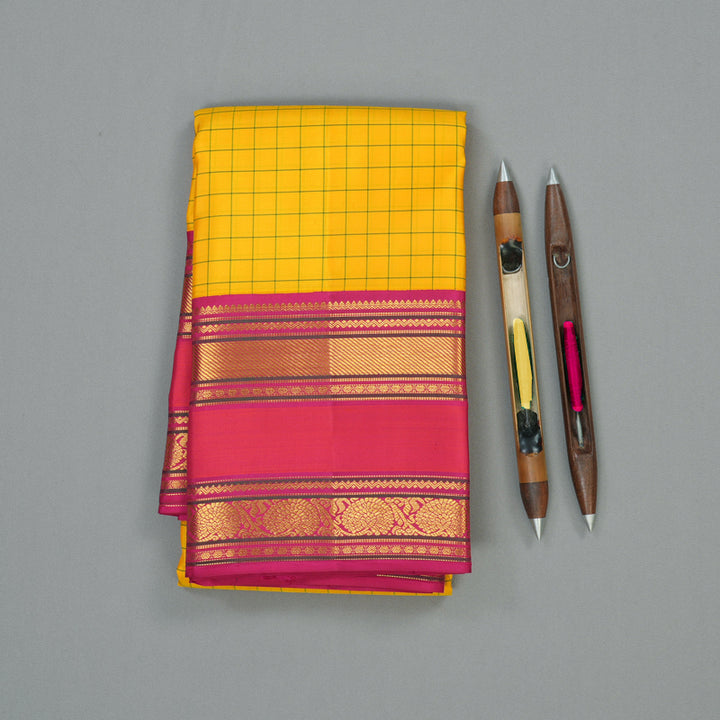 Hayagrivas Handloom Yellow Kanjivaram Silk Saree with Deep Pink border KBE1691K6-1