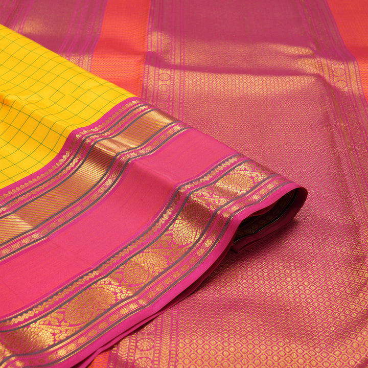 Hayagrivas Handloom Yellow Kanjivaram Silk Saree with Deep Pink border KBE1691K6-1