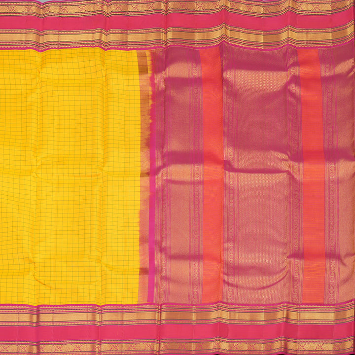 Hayagrivas Handloom Yellow Kanjivaram Silk Saree with Deep Pink border KBE1691K6-1