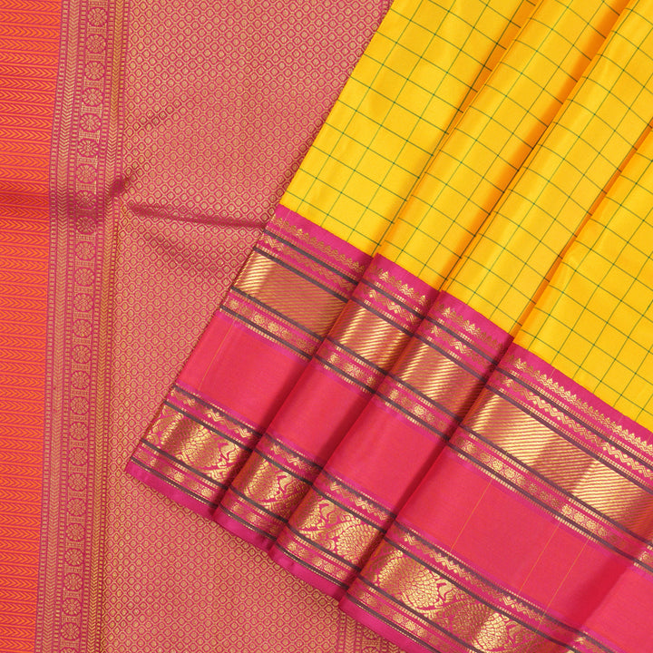 Hayagrivas Handloom Yellow Kanjivaram Silk Saree with Deep Pink border KBE1691K6-1