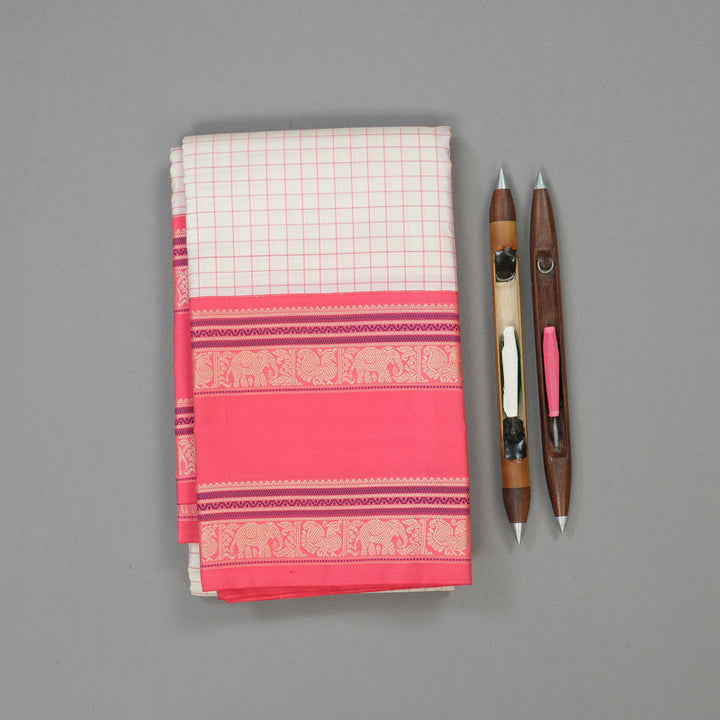 Hayagrivas Handloom Half White Kanjivaram Silk Saree with Bright Pink border KBE1693K10-2
