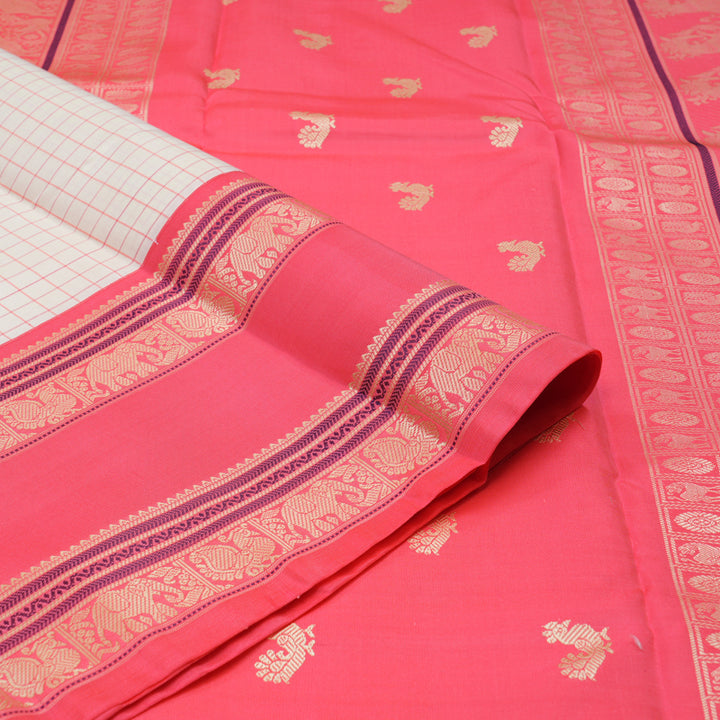 Hayagrivas Handloom Half White Kanjivaram Silk Saree with Bright Pink border KBE1693K10-2