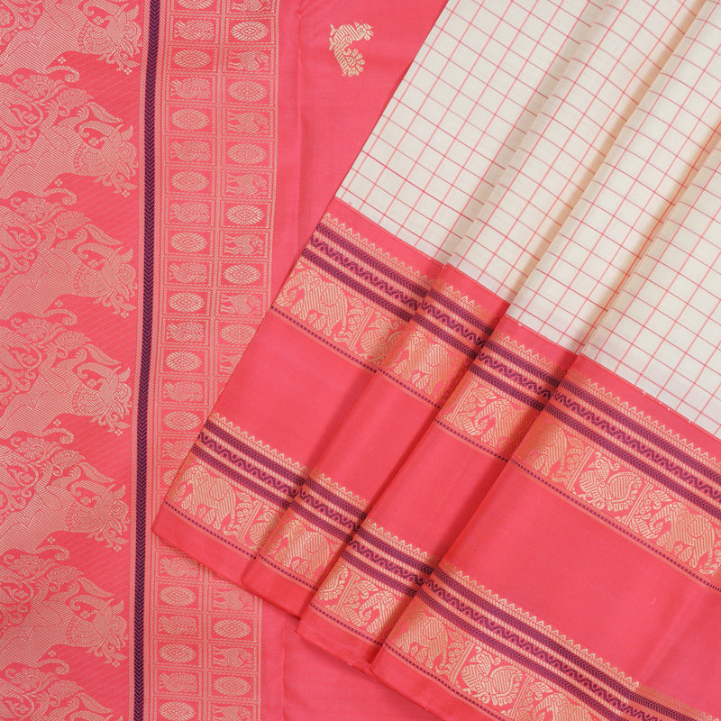 Hayagrivas Handloom Half White Kanjivaram Silk Saree with Bright Pink border KBE1693K10-2