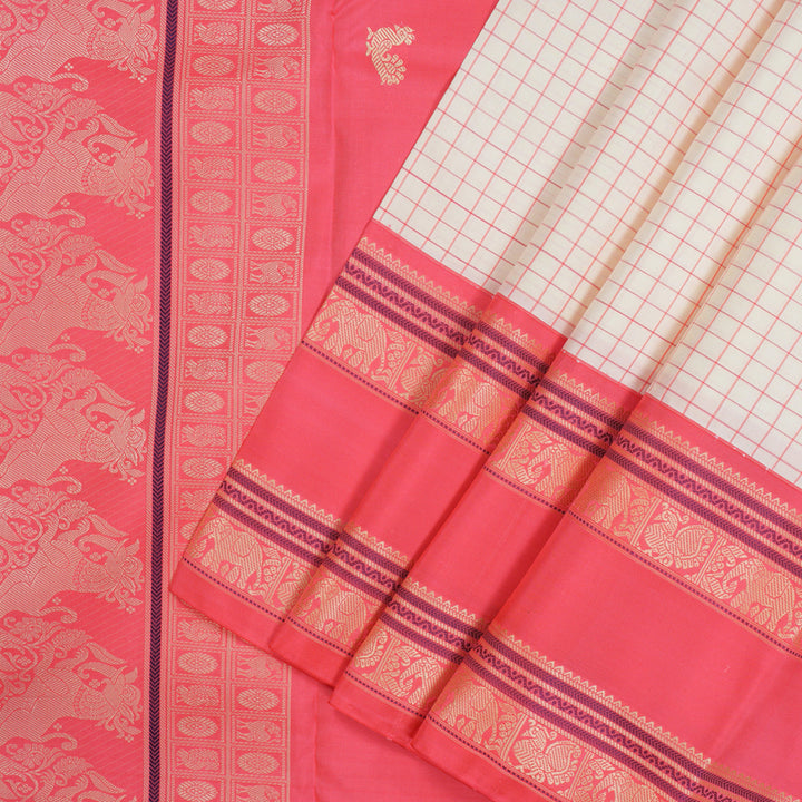 Hayagrivas Handloom Half White Kanjivaram Silk Saree with Bright Pink border KBE1693K10-2