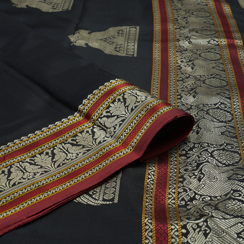 Hayagrivas Handloom Black Kanjivaram Silk Saree with Wine Maroon Selvedge KBE1693K2-1