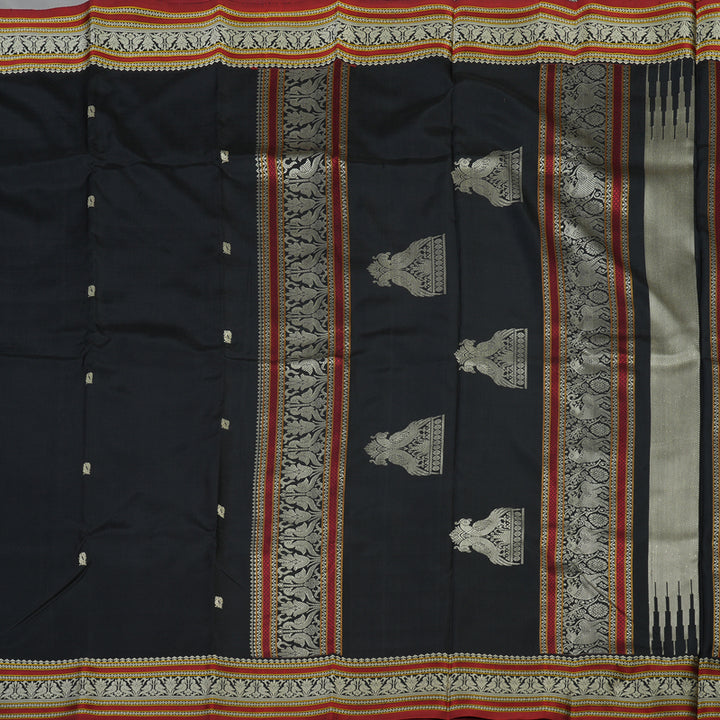 Hayagrivas Handloom Black Kanjivaram Silk Saree with Wine Maroon Selvedge KBE1693K2-1