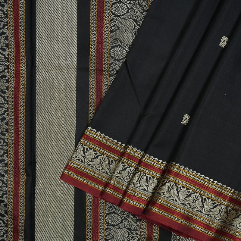 Hayagrivas Handloom Black Kanjivaram Silk Saree with Wine Maroon Selvedge KBE1693K2-1