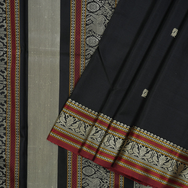 Hayagrivas Handloom Black Kanjivaram Silk Saree with Wine Maroon Selvedge KBE1693K2-1
