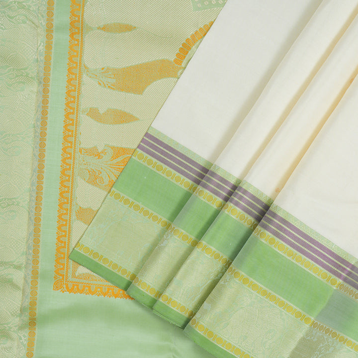Hayagrivas Handloom Half white Kanjivaram Silk Saree with Pista Green border KBE1693K6-2