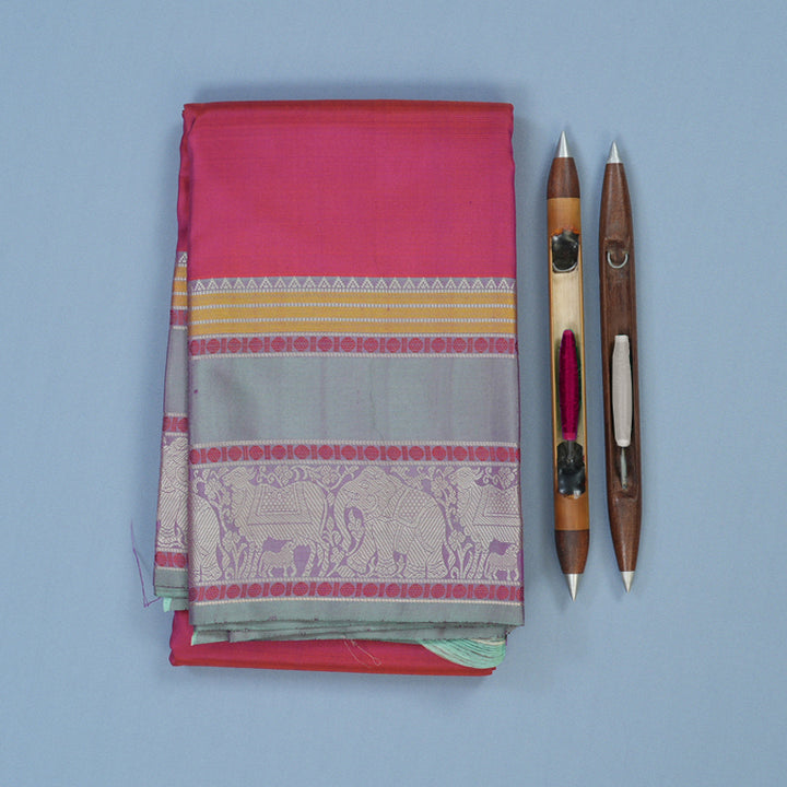 Hayagrivas Handloom Rust Pink Kanjivaram Silk Saree with Bluish-Grey Border KBE1693K6-4