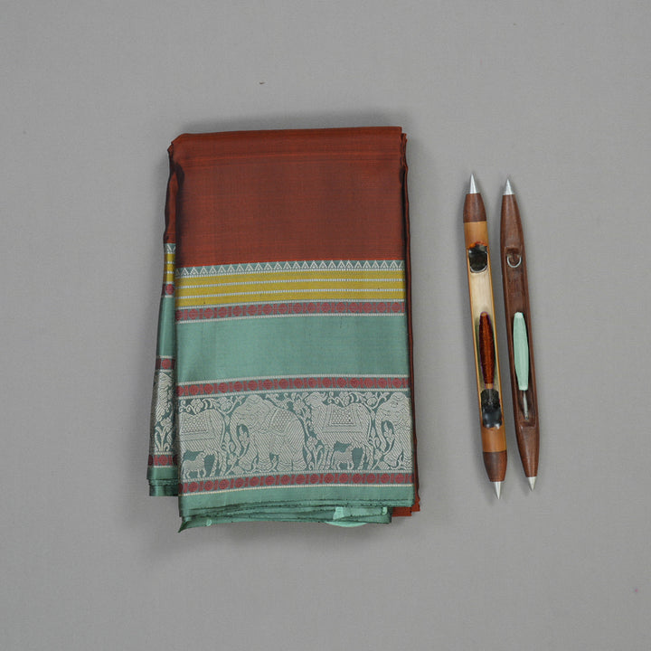 Hayagrivas Handloom Rust Orange Thread Work Silk Saree with Sage Green border KBE1693K6-7