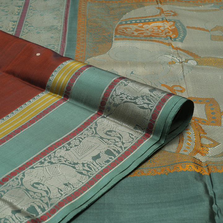 Hayagrivas Handloom Rust Orange Thread Work Silk Saree with Sage Green border KBE1693K6-7