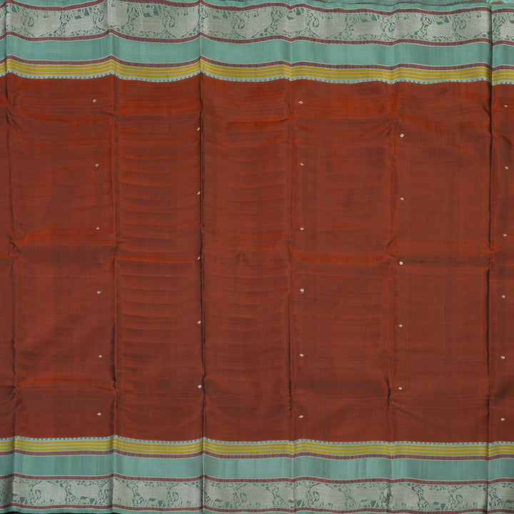 Hayagrivas Handloom Rust Orange Thread Work Silk Saree with Sage Green border KBE1693K6-7