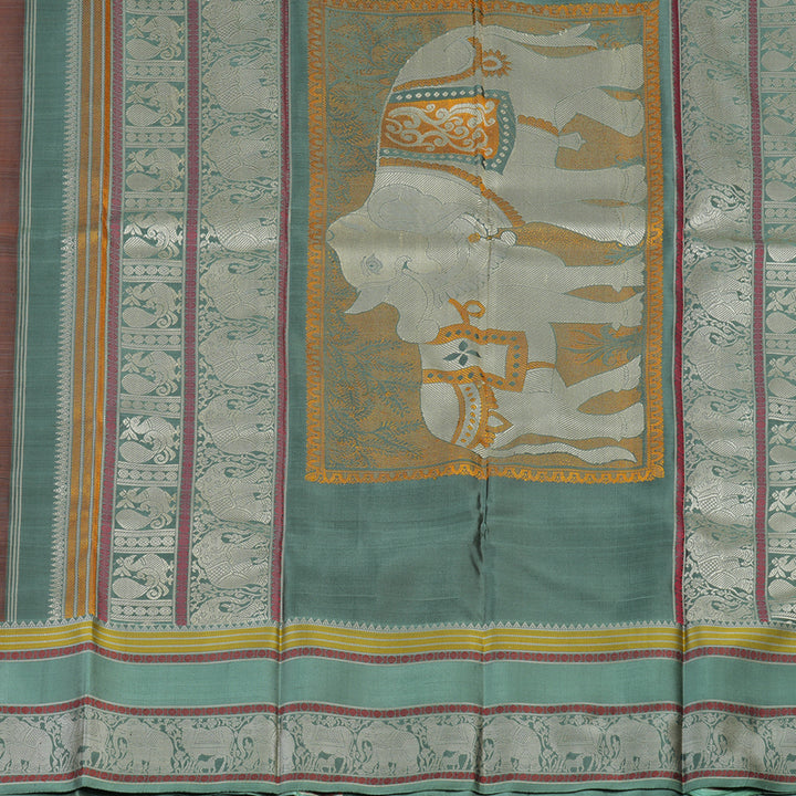 Hayagrivas Handloom Rust Orange Thread Work Silk Saree with Sage Green border KBE1693K6-7