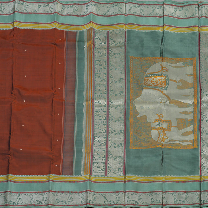 Hayagrivas Handloom Rust Orange Thread Work Silk Saree with Sage Green border KBE1693K6-7