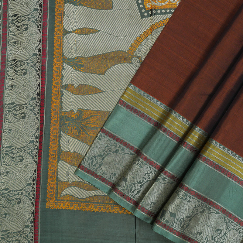 Hayagrivas Handloom Rust Orange Thread Work Silk Saree with Sage Green border KBE1693K6-7