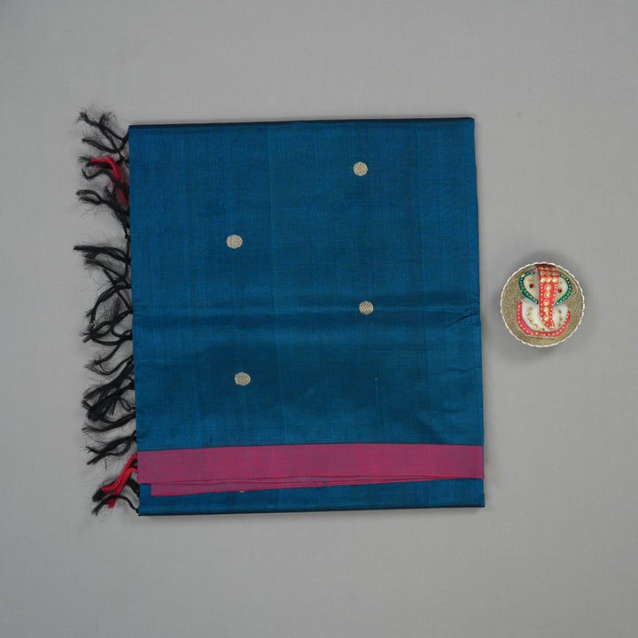 Hayagrivas Deep Peacock Blue Pure Kanchi Silk Cotton Saree with Purple Border KBE1695K1-1