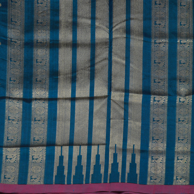 Hayagrivas Deep Peacock Blue Pure Kanchi Silk Cotton Saree with Purple Border KBE1695K1-1