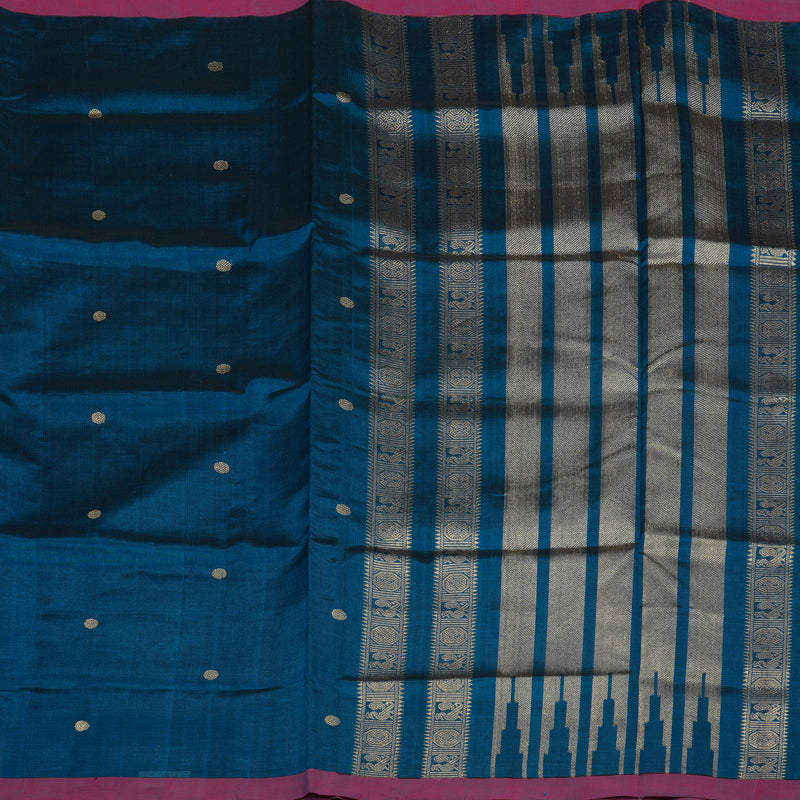 Hayagrivas Deep Peacock Blue Pure Kanchi Silk Cotton Saree with Purple Border KBE1695K1-1