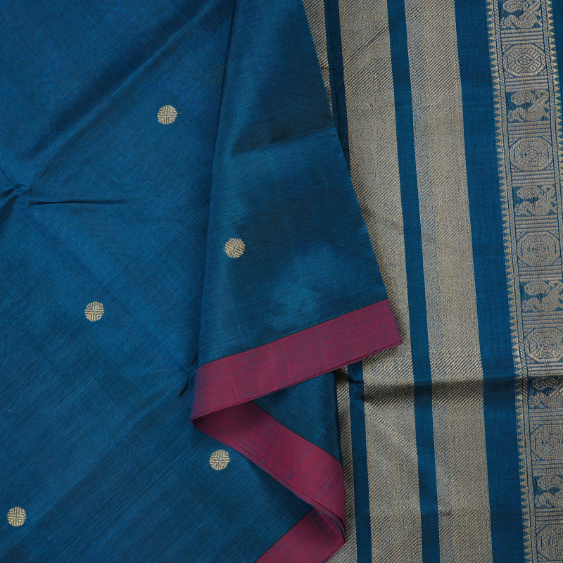 Hayagrivas Deep Peacock Blue Pure Kanchi Silk Cotton Saree with Purple Border KBE1695K1-1