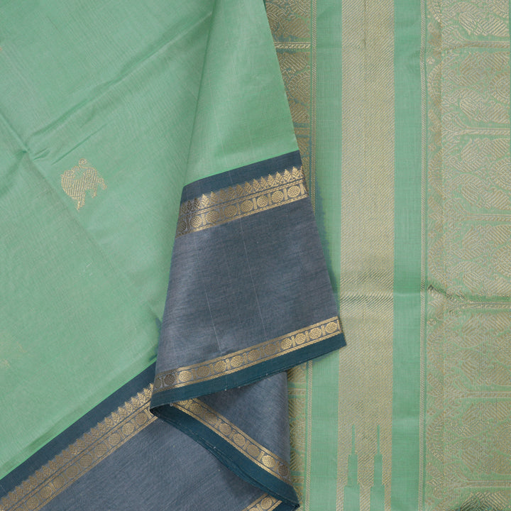 Hayagrivas Light Mint Green Pure Kanchi Silk Cotton Saree with Bluish Grey Border KBE1695K4-2