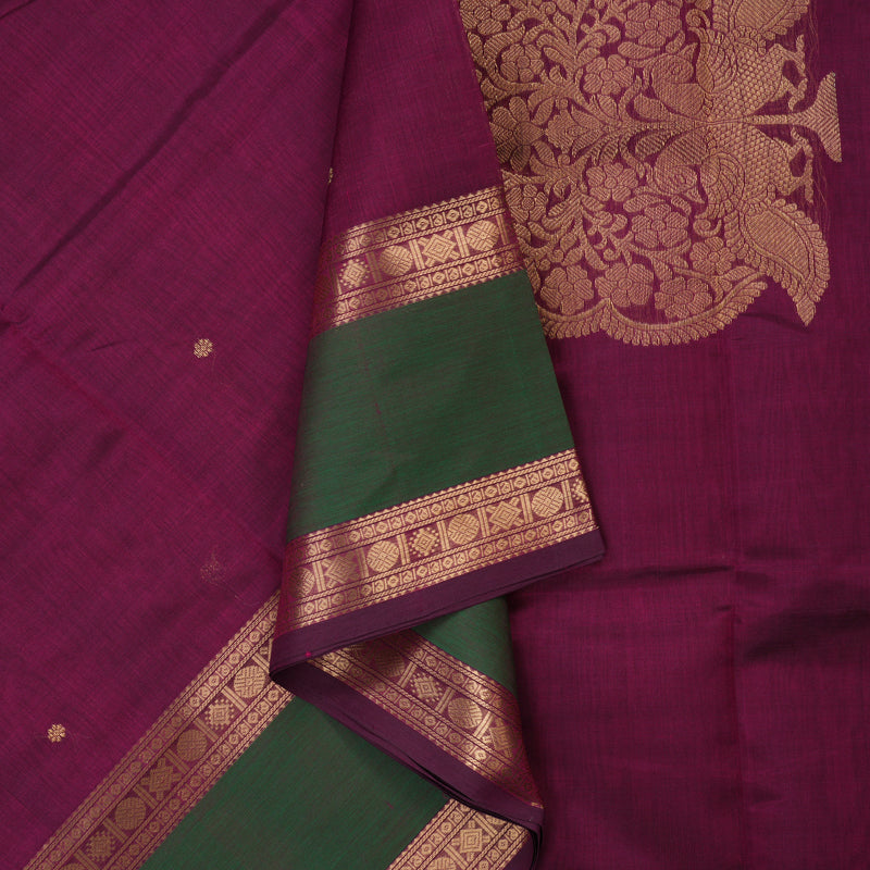 Hayagrivas Wine Purple Soft Kanchi Silk Cotton Saree with Green border KBE1695K5-6