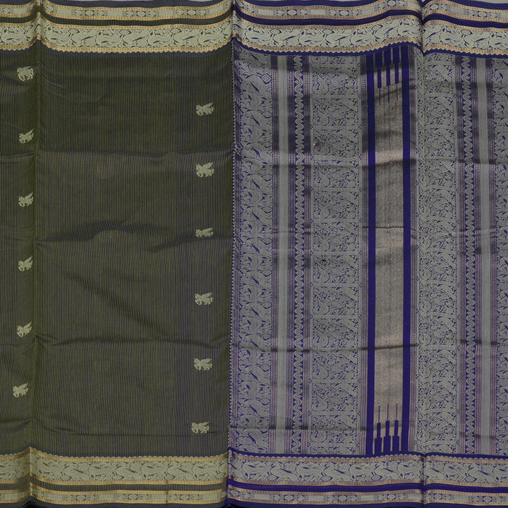 Hayagrivas Green & Purplish Blue Stripes Soft Kanchi Silk Cotton Saree KBE1695K6-11