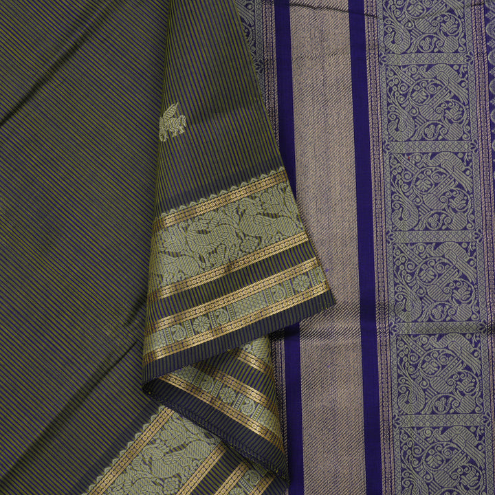Hayagrivas Green & Purplish Blue Stripes Soft Kanchi Silk Cotton Saree KBE1695K6-11