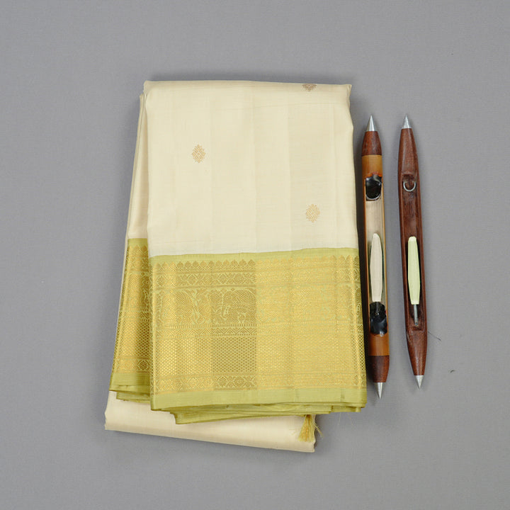 Hayagrivas Beige Handloom Kanjivaram Silk Saree with Elaichi Green Border KBE169D1-1