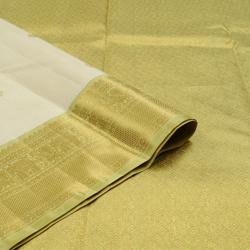 Hayagrivas Beige Handloom Kanjivaram Silk Saree with Elaichi Green Border KBE169D1-1