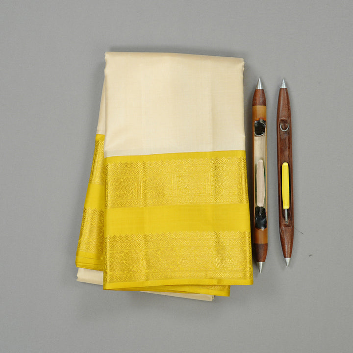Hayagrivas Half White Handloom Kanjivaram Silk Saree with Lemon Yellow Border KBE169D2-1