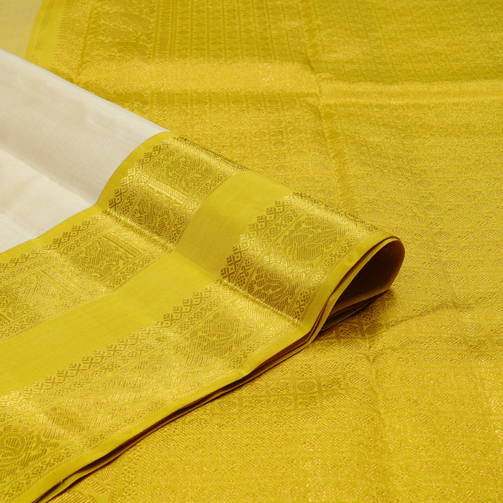 Hayagrivas Half White Handloom Kanjivaram Silk Saree with Lemon Yellow Border KBE169D2-1