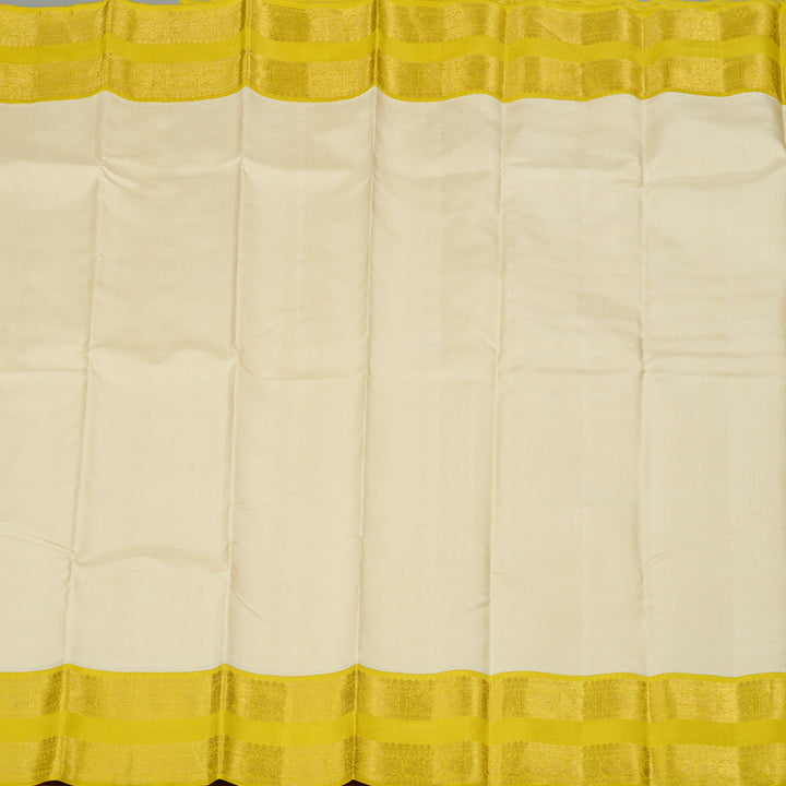 Hayagrivas Half White Handloom Kanjivaram Silk Saree with Lemon Yellow Border KBE169D2-1