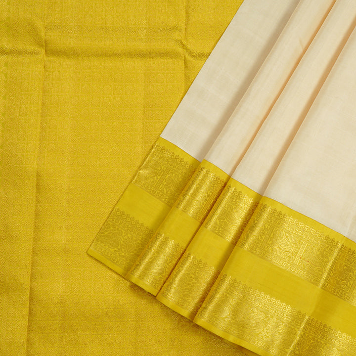 Hayagrivas Half White Handloom Kanjivaram Silk Saree with Lemon Yellow Border KBE169D2-1