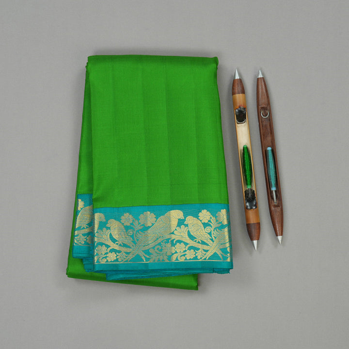 Hayagrivas Parrot Green Handloom Kanjivaram Silk Saree with Sea Blue Border KBE169D3-2