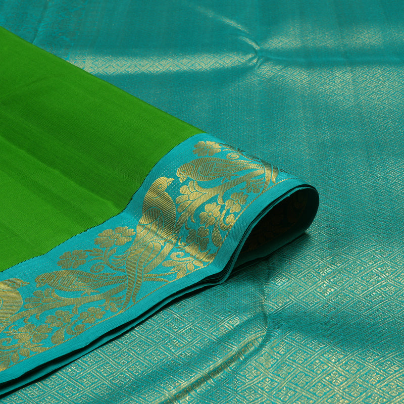 Hayagrivas Parrot Green Handloom Kanjivaram Silk Saree with Sea Blue Border KBE169D3-2