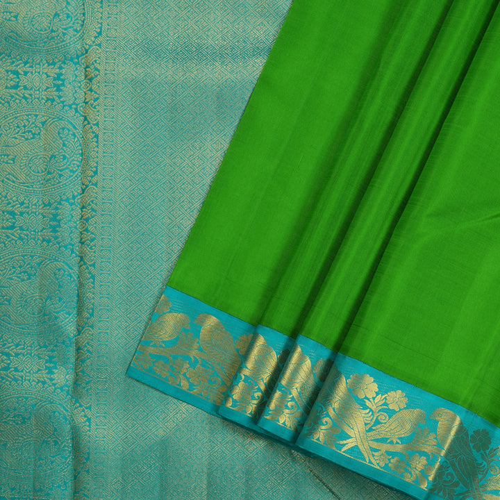 Hayagrivas Parrot Green Handloom Kanjivaram Silk Saree with Sea Blue Border KBE169D3-2