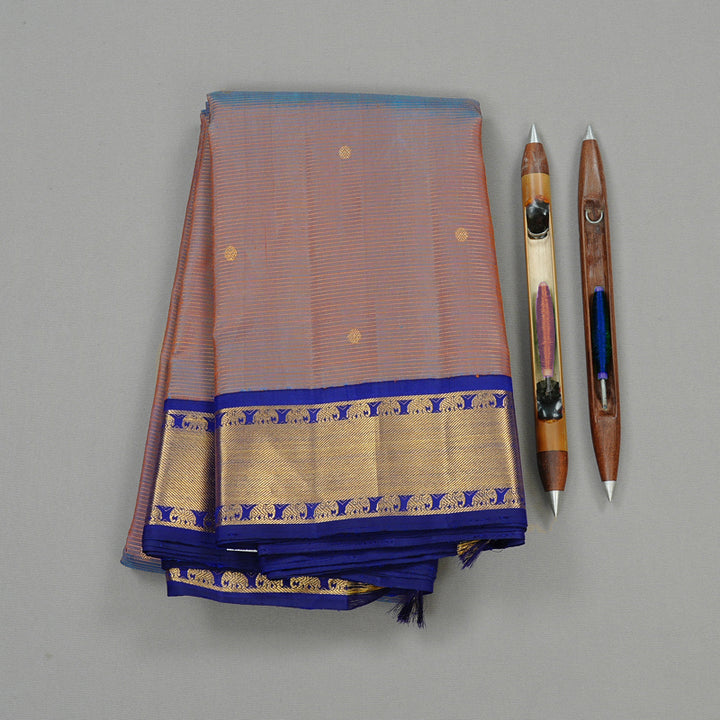 Hayagrivas Dual Tone Orange With Blue Handloom Kanjivaram Silk Saree with Blue Border KBE16D10-1