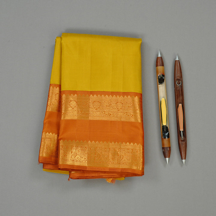 Hayagrivas Lemon Yellow Handloom Kanjivaram Silk Saree with Rust Orange Border KBE16D2-2