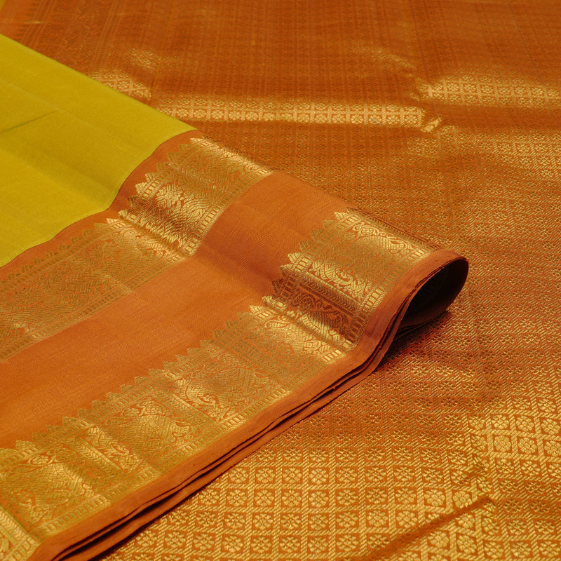 Hayagrivas Lemon Yellow Handloom Kanjivaram Silk Saree with Rust Orange Border KBE16D2-2