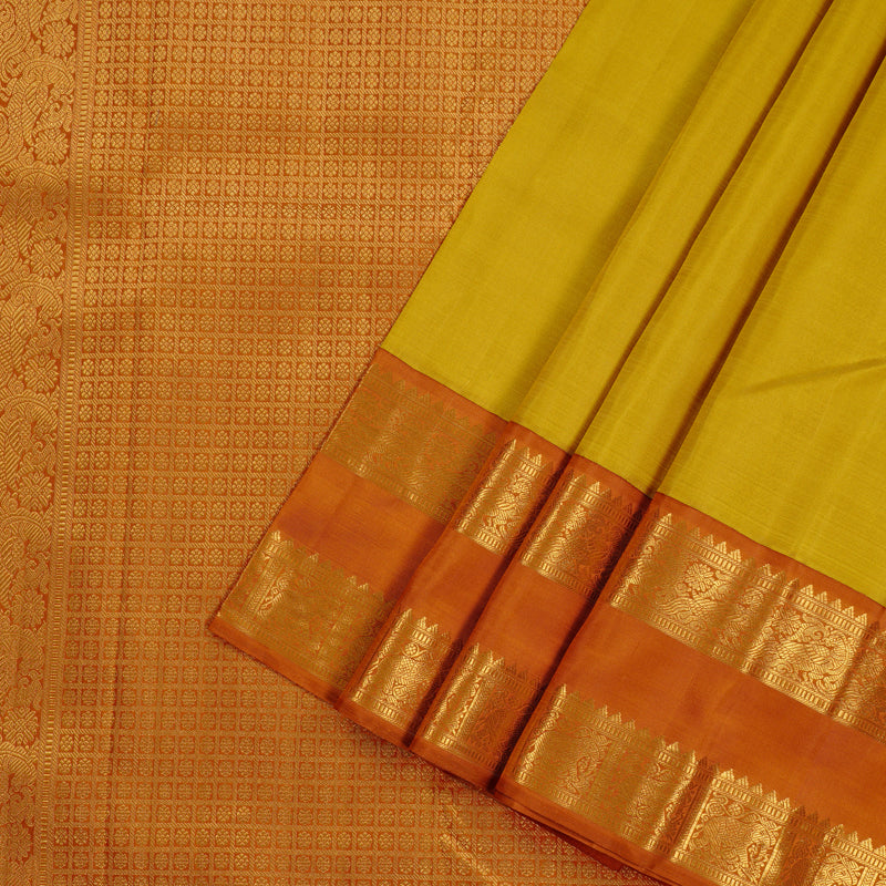 Hayagrivas Lemon Yellow Handloom Kanjivaram Silk Saree with Rust Orange Border KBE16D2-2