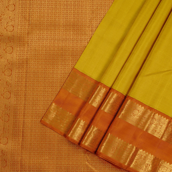 Hayagrivas Lemon Yellow Handloom Kanjivaram Silk Saree with Rust Orange Border KBE16D2-2