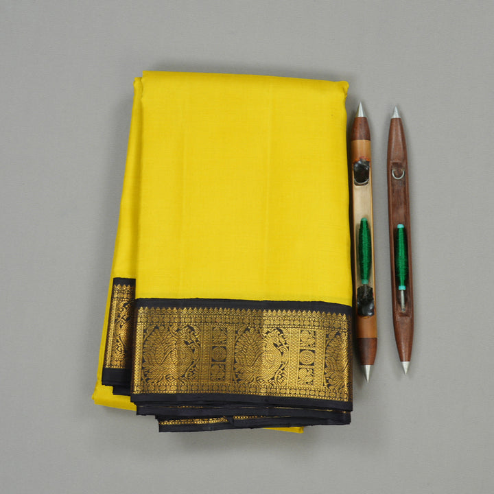Hayagrivas Lemon Yellow Handloom Kanjivaram Silk Saree with Black Border KBE16D4-2