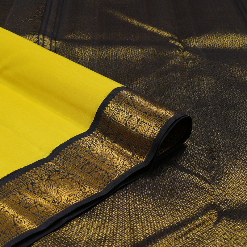 Hayagrivas Lemon Yellow Handloom Kanjivaram Silk Saree with Black Border KBE16D4-2