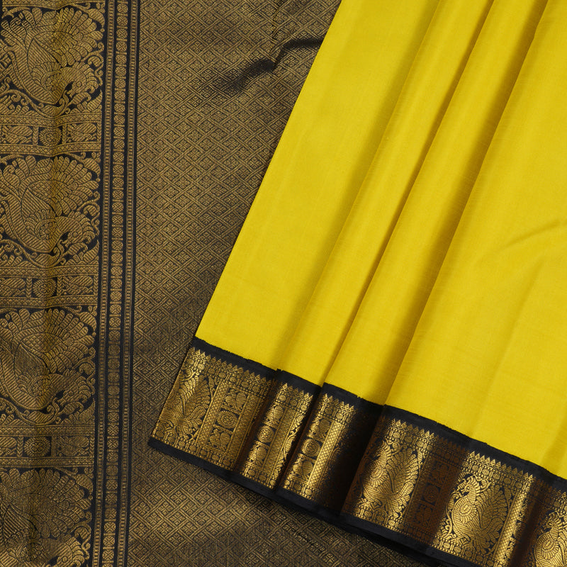 Hayagrivas Lemon Yellow Handloom Kanjivaram Silk Saree with Black Border KBE16D4-2