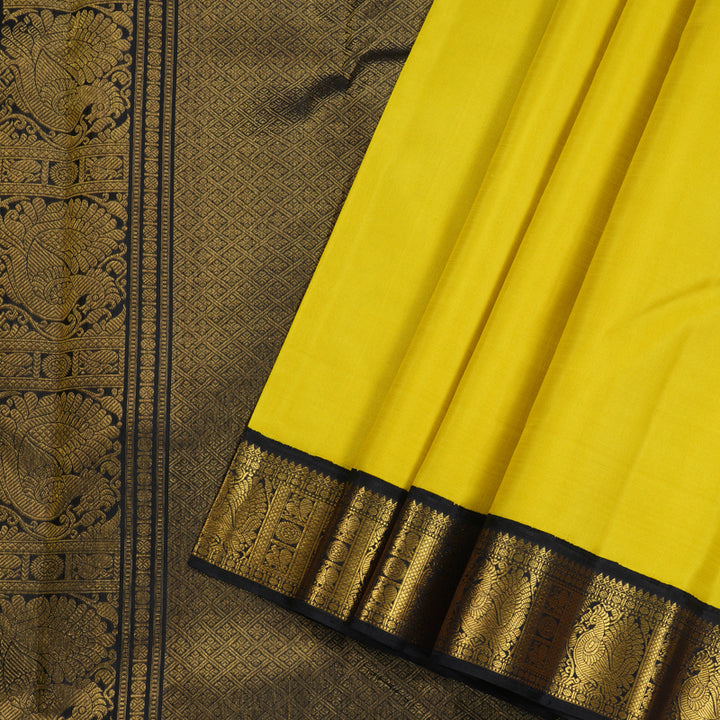 Hayagrivas Lemon Yellow Handloom Kanjivaram Silk Saree with Black Border KBE16D4-2