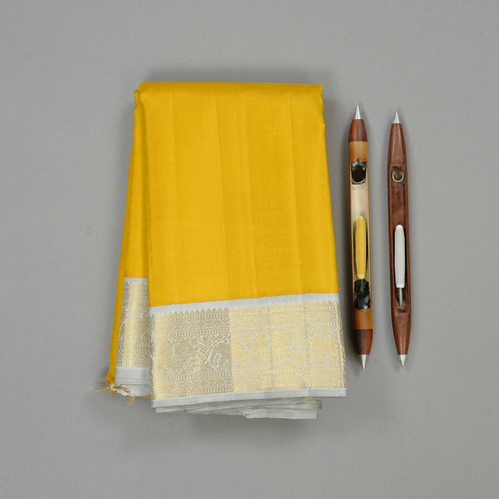 Hayagrivas Mustard Yellow Handloom Kanjivaram Silk Saree with Silver Grey Border KBE16D4-3