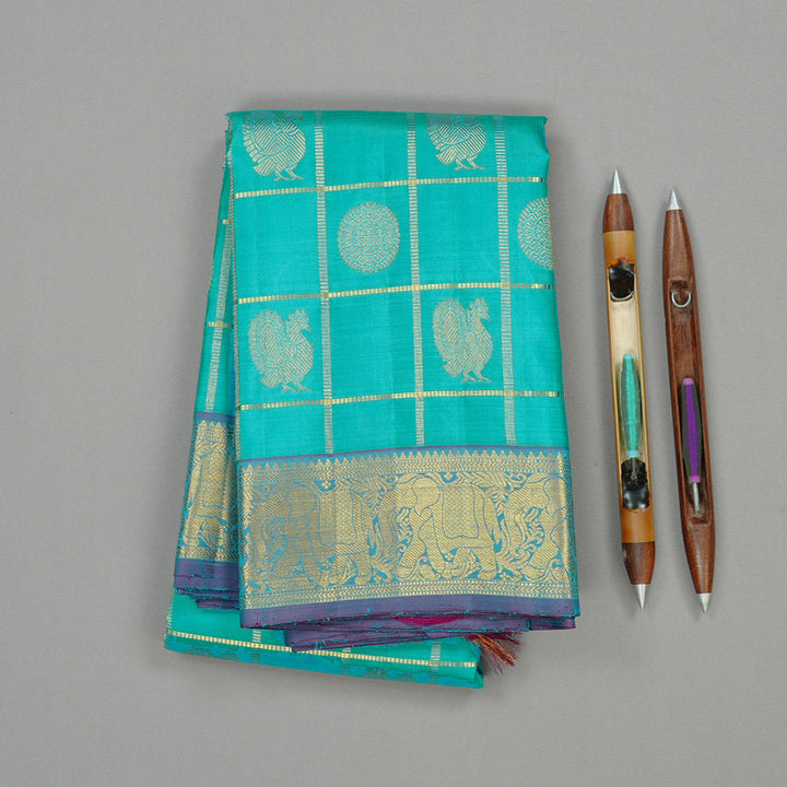 Hayagrivas Sea Blue Handloom Kanjivaram Silk Saree with Purple Border KBE16D9-1