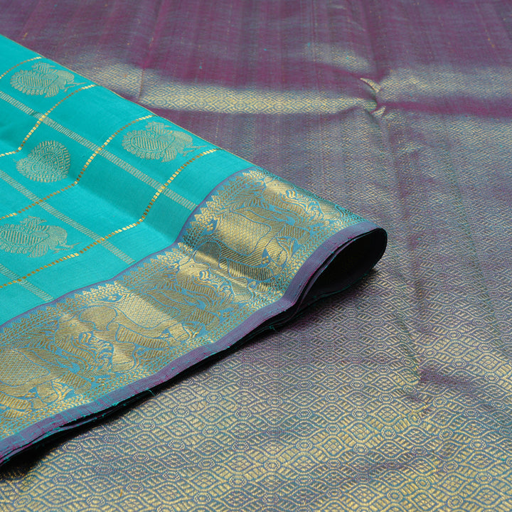 Hayagrivas Sea Blue Handloom Kanjivaram Silk Saree with Purple Border KBE16D9-1