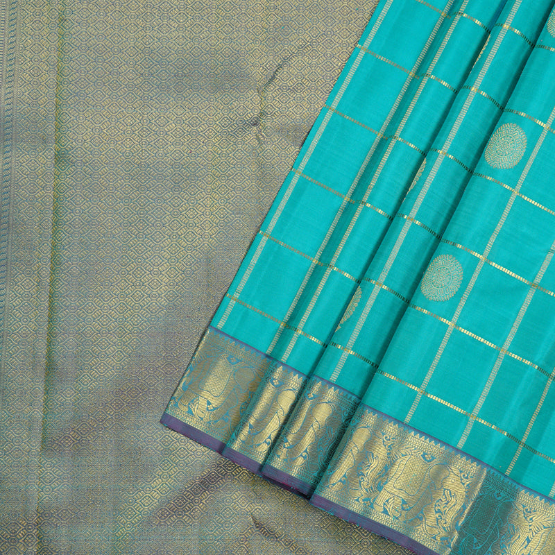 Hayagrivas Sea Blue Handloom Kanjivaram Silk Saree with Purple Border KBE16D9-1